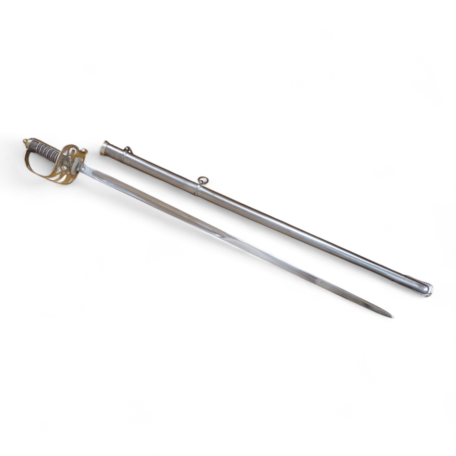 A post 1902, 1827 pattern Rifle Brigade officer’s dress sword, with regulation blade with traces of edge decoration, regulation nickel guard with crown strung bugle and wire bound fish skin covered grip, in its steel sca